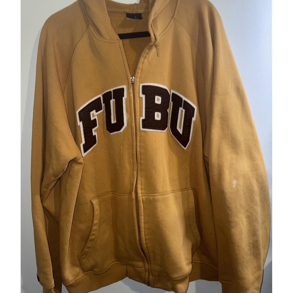 Vtg Y2K Fubu Men's Sz XL/XXL Brown Zip Up Hoodie Sweatshirt Spellout (flaw)